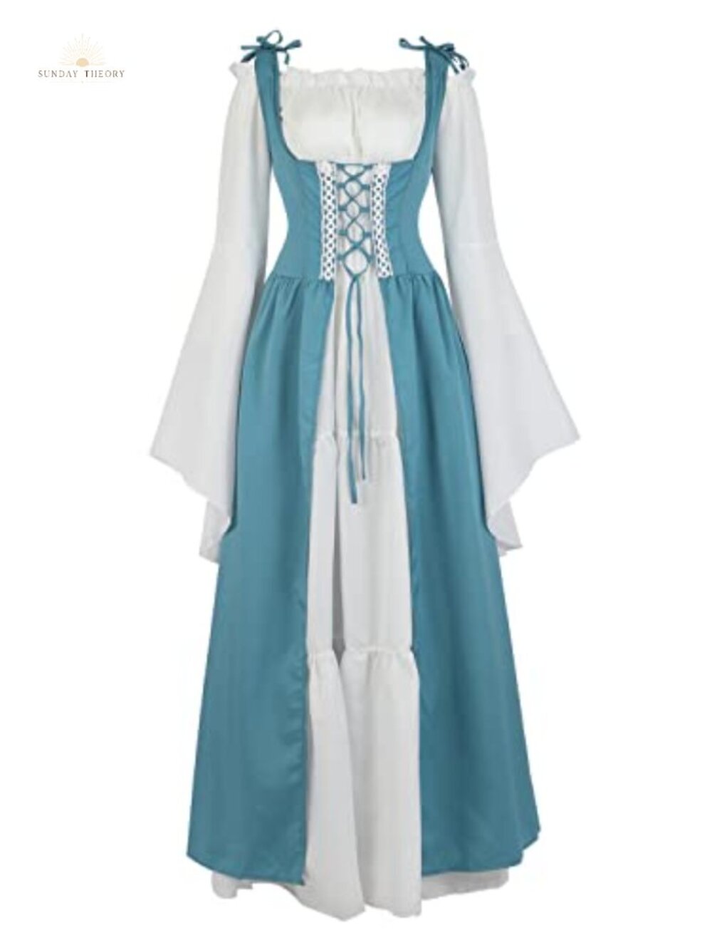 Womens Renaissance Costume Dress Bell Sleeves Lace Up Medieval Gown